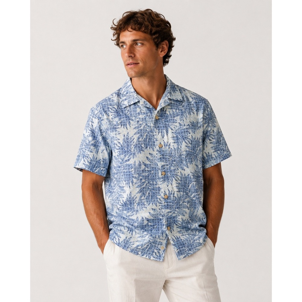 Tasso Elba Mens Silk Blue Tropical Leaf Short Sleeve Shirt M Resort Coastal